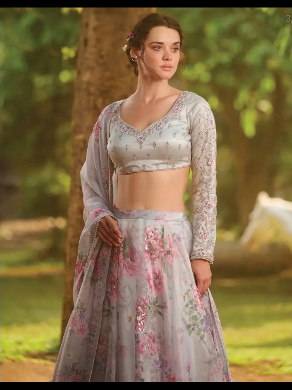 Lashkaraa brand Embroidered Pastel Lavender Lehenga Set with Pink Floral Accents